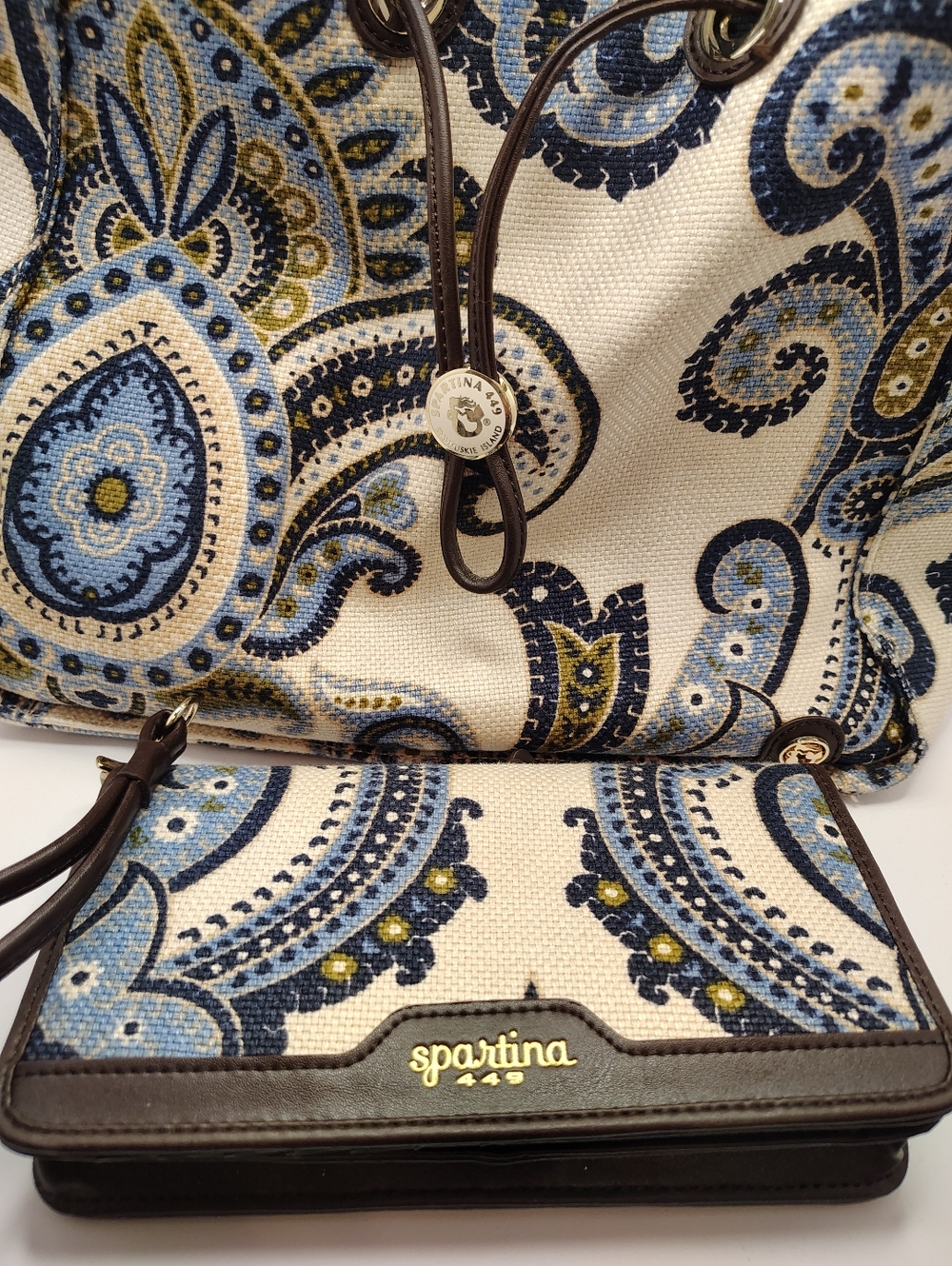 Spartina 449 Blue Paisley Canvas Wallet and Bag Set with Brown Trim